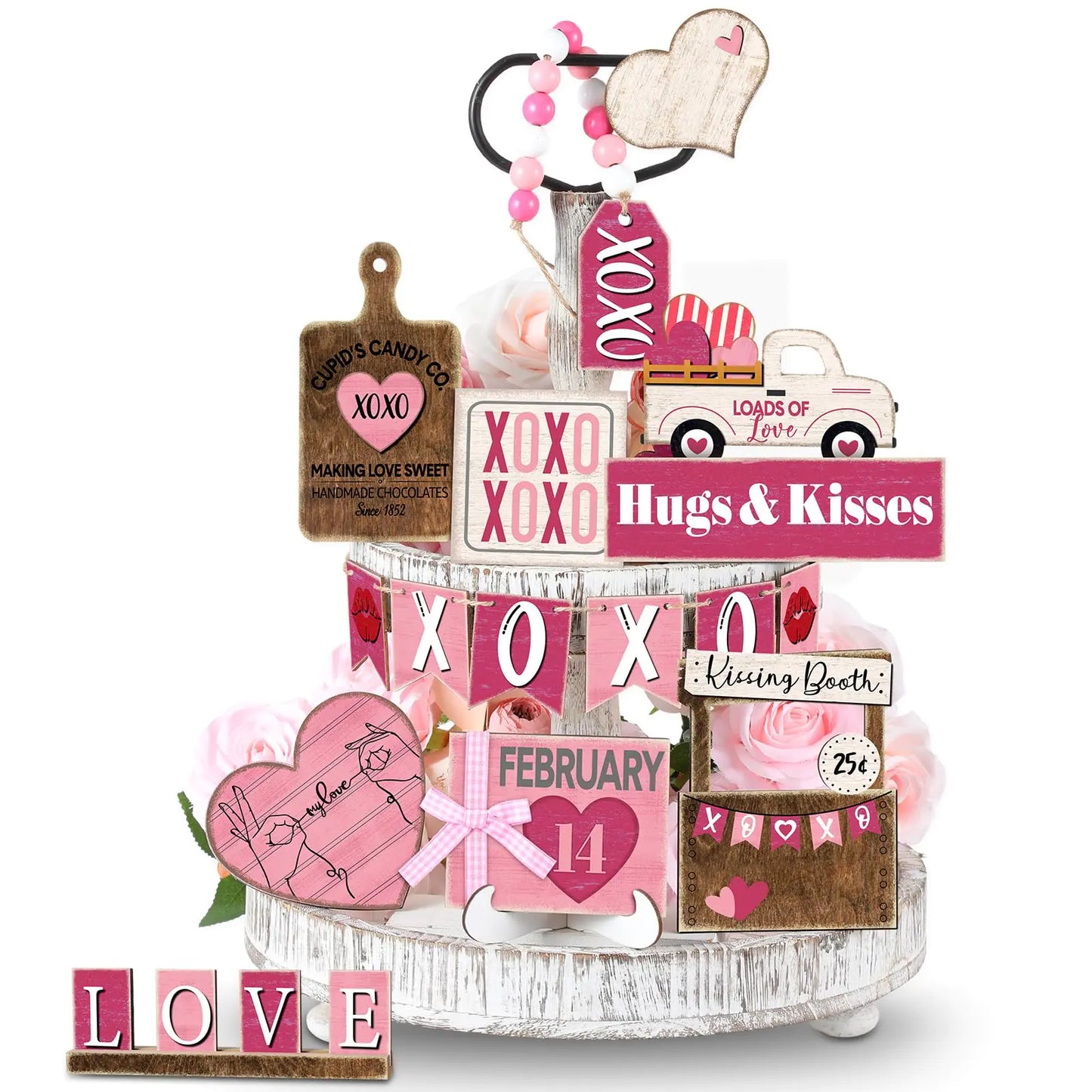 Valentines Day Tiered Tray Decor Set 19 Pcs Valentines Heart Wood Sign Rustic Farmhouse Tray Signs Table Decor for Valentines Day Home Kitchen (Pink Style)