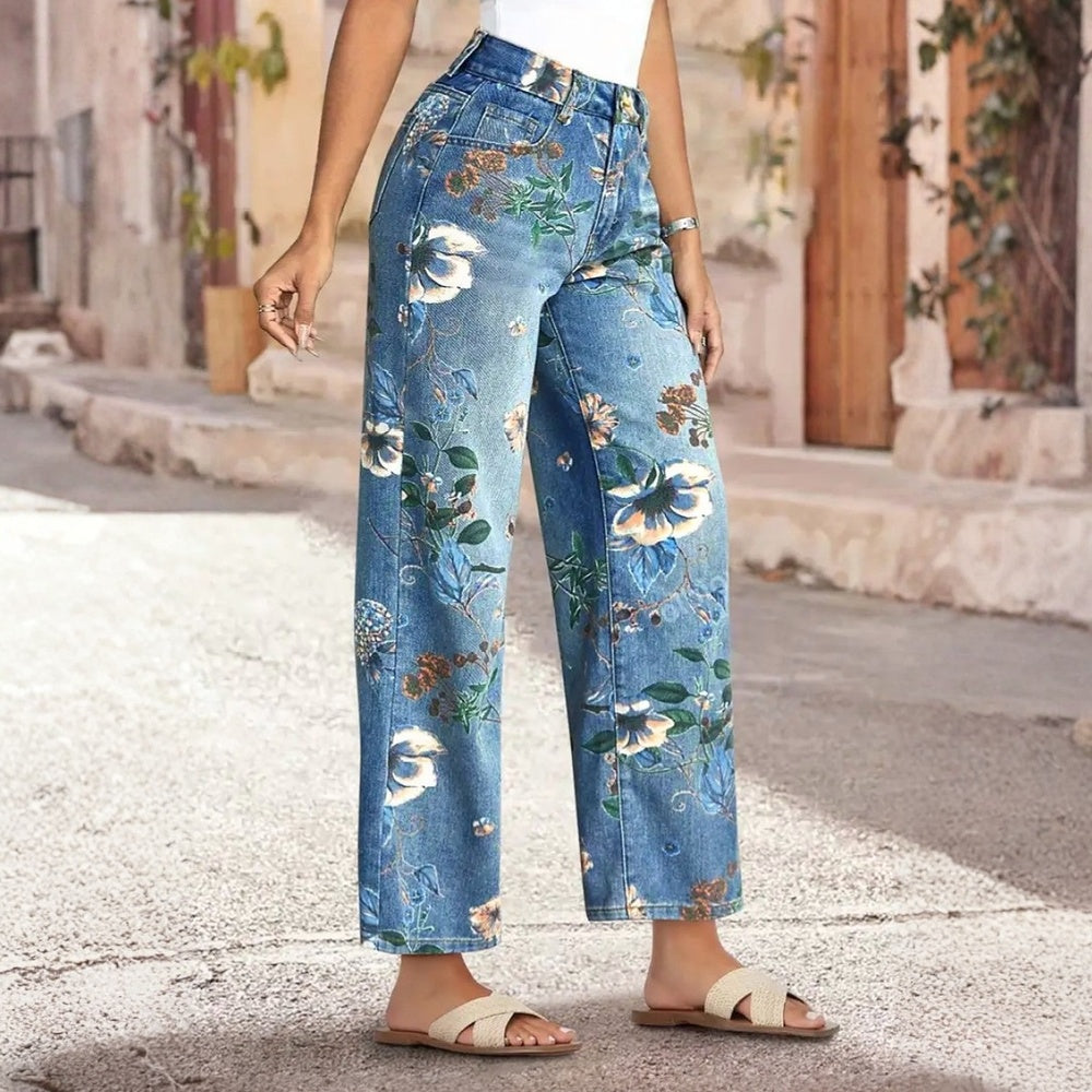Women's Boho Floral Print Wide Leg Jeans, Mid-Rise Cropped Denim With All-Over Flower Pattern, Casual Summer Pants