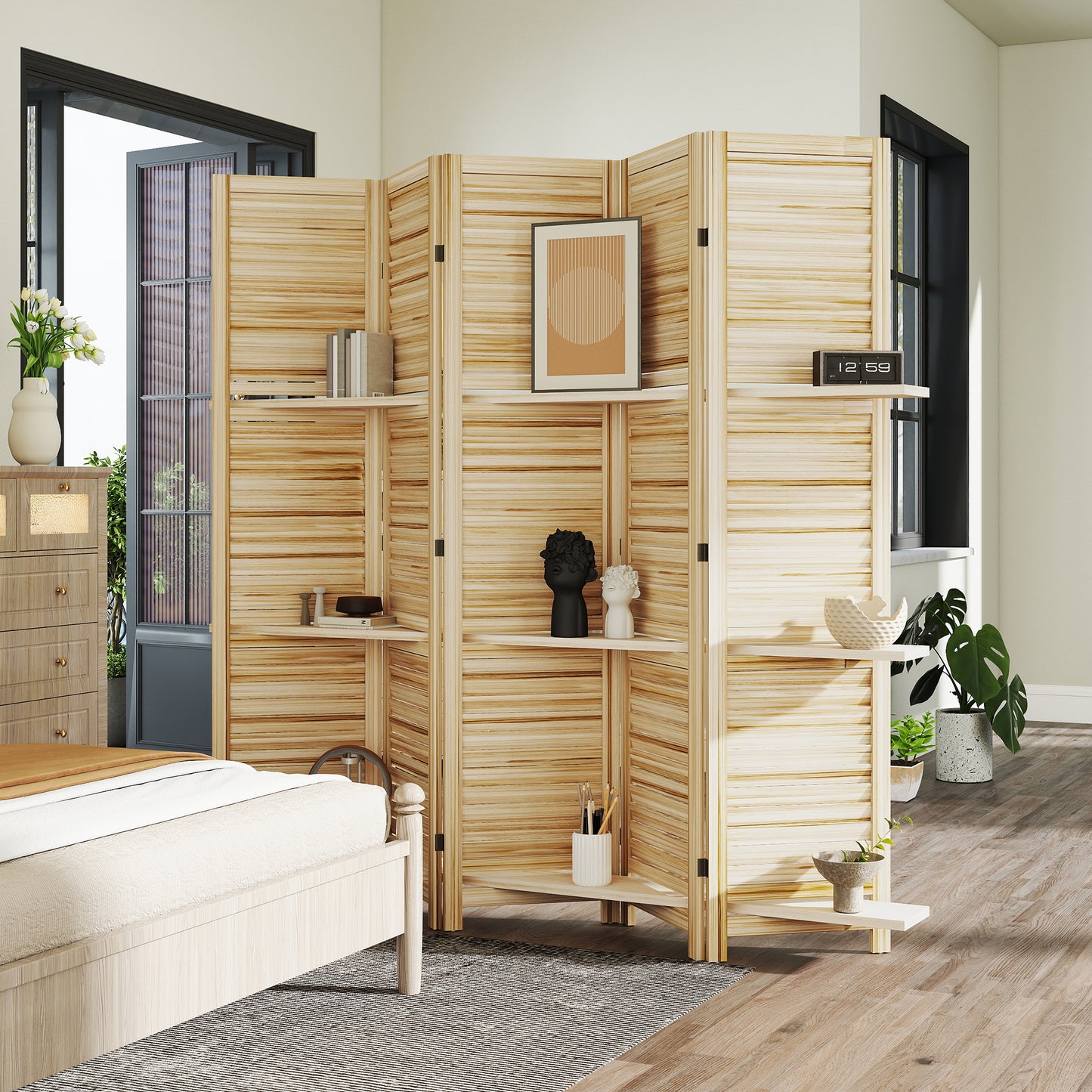 5 Panel 67" Tall Wood Privacy Screen Room Divider with 3 Shelves and Folding Storage for Bedroom, Natural Wood