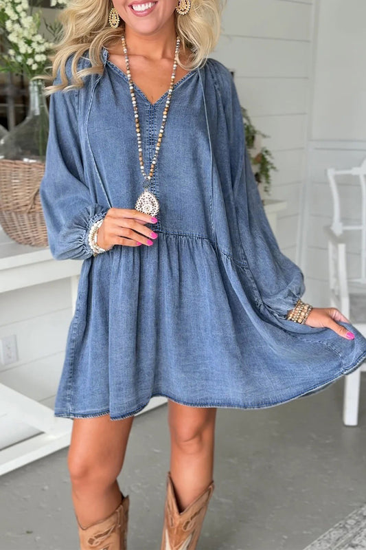 Myosotis Puff Sleeve V Neck Ruffled Loose Denim Mini Dress
