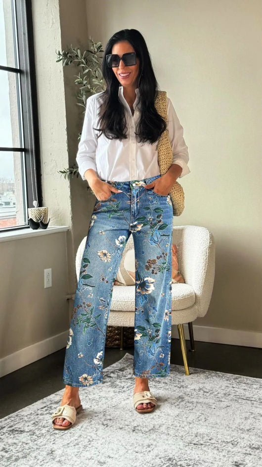 Women's Boho Floral Print Wide Leg Jeans, Mid-Rise Cropped Denim With All-Over Flower Pattern, Casual Summer Pants