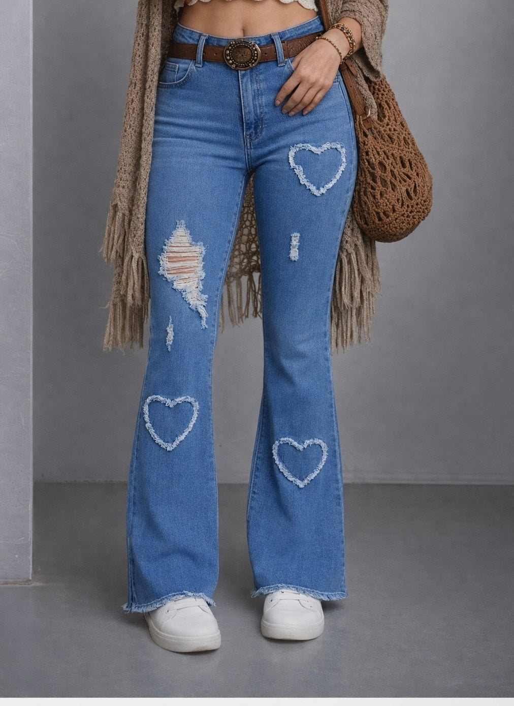 2025 New Women'S High-Stretch Flare Jeans With Heart Embroidery Patchwork - Trendy Distressed Denim Bell Bottoms, Comfortable & Versatile Light Blue Casual Pants,Fashion And Leisure