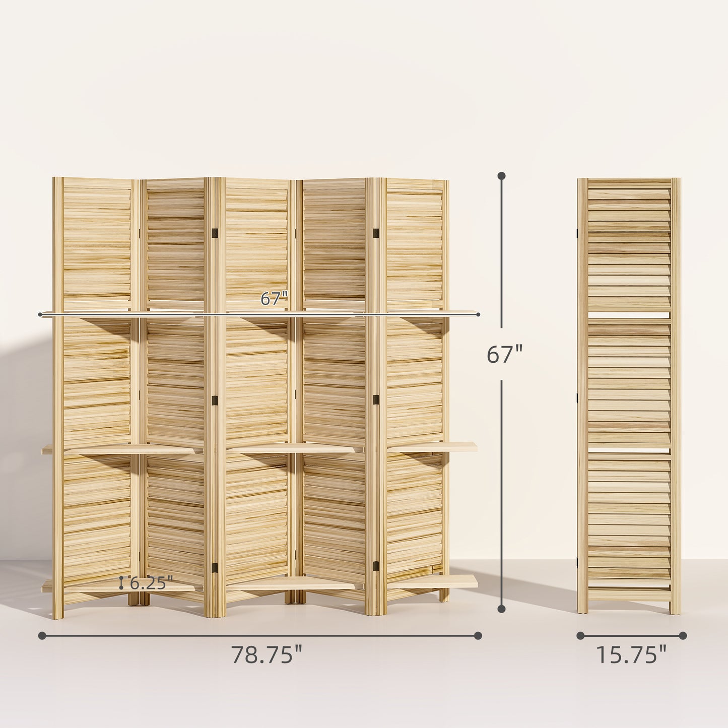5 Panel 67" Tall Wood Privacy Screen Room Divider with 3 Shelves and Folding Storage for Bedroom, Natural Wood