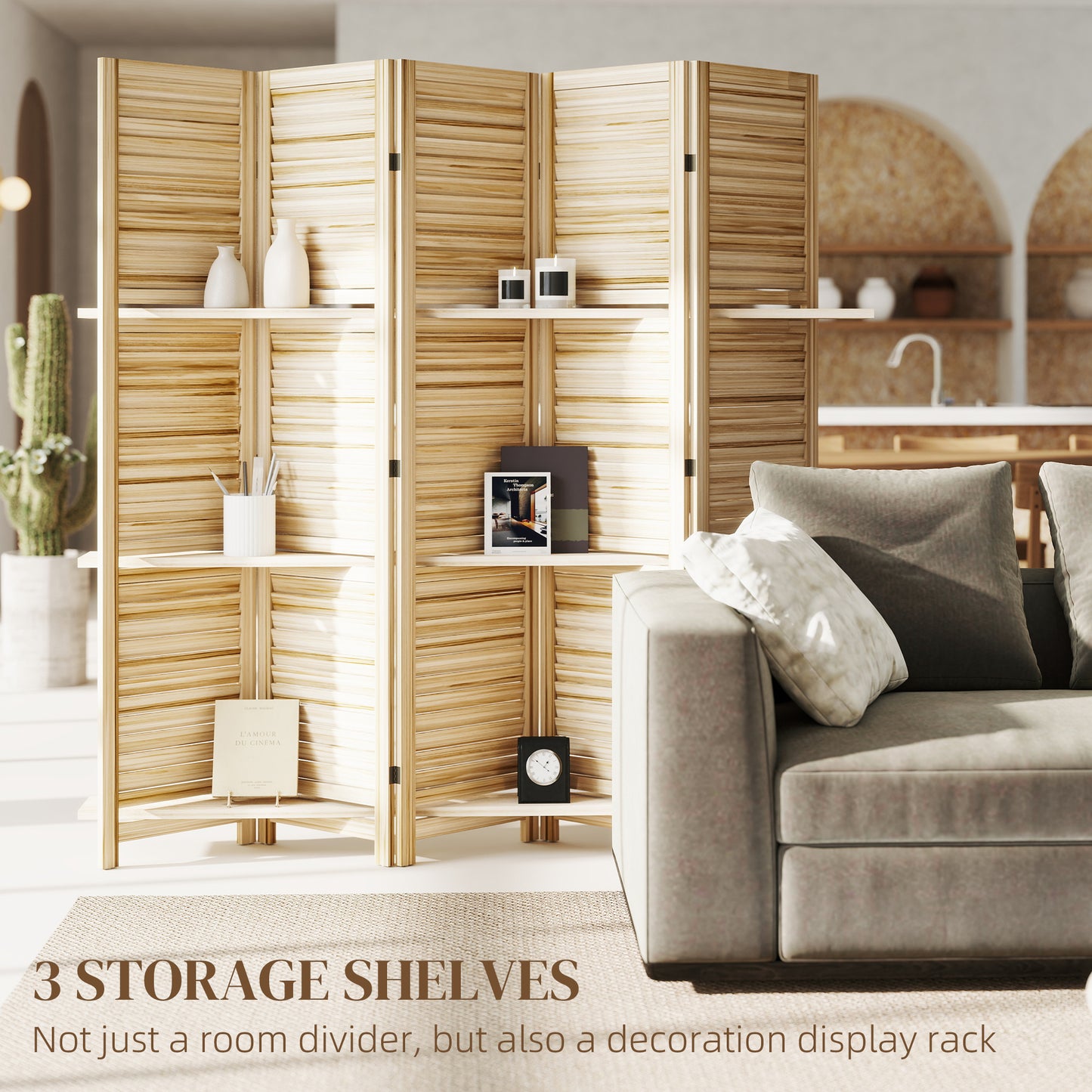 5 Panel 67" Tall Wood Privacy Screen Room Divider with 3 Shelves and Folding Storage for Bedroom, Natural Wood