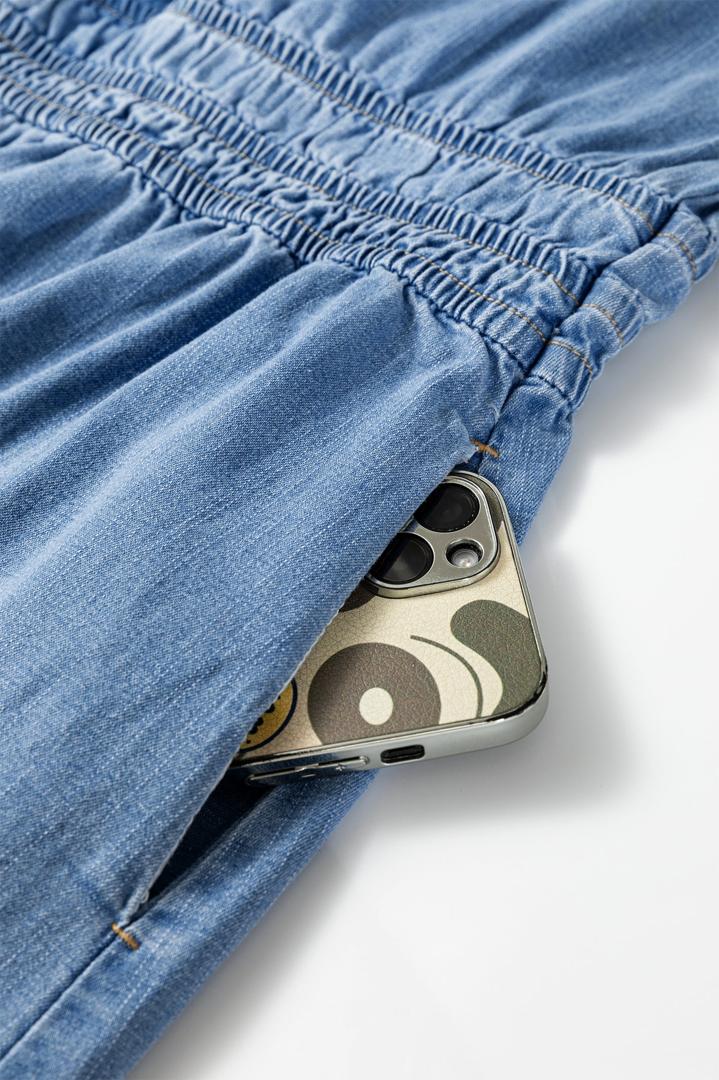 Myosotis Elastic Waist Short Sleeve Denim Mini Dress