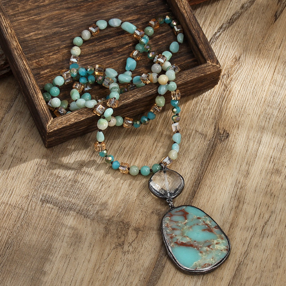 Fashion Bohemian Natural Stone Glass Knotted Necklace