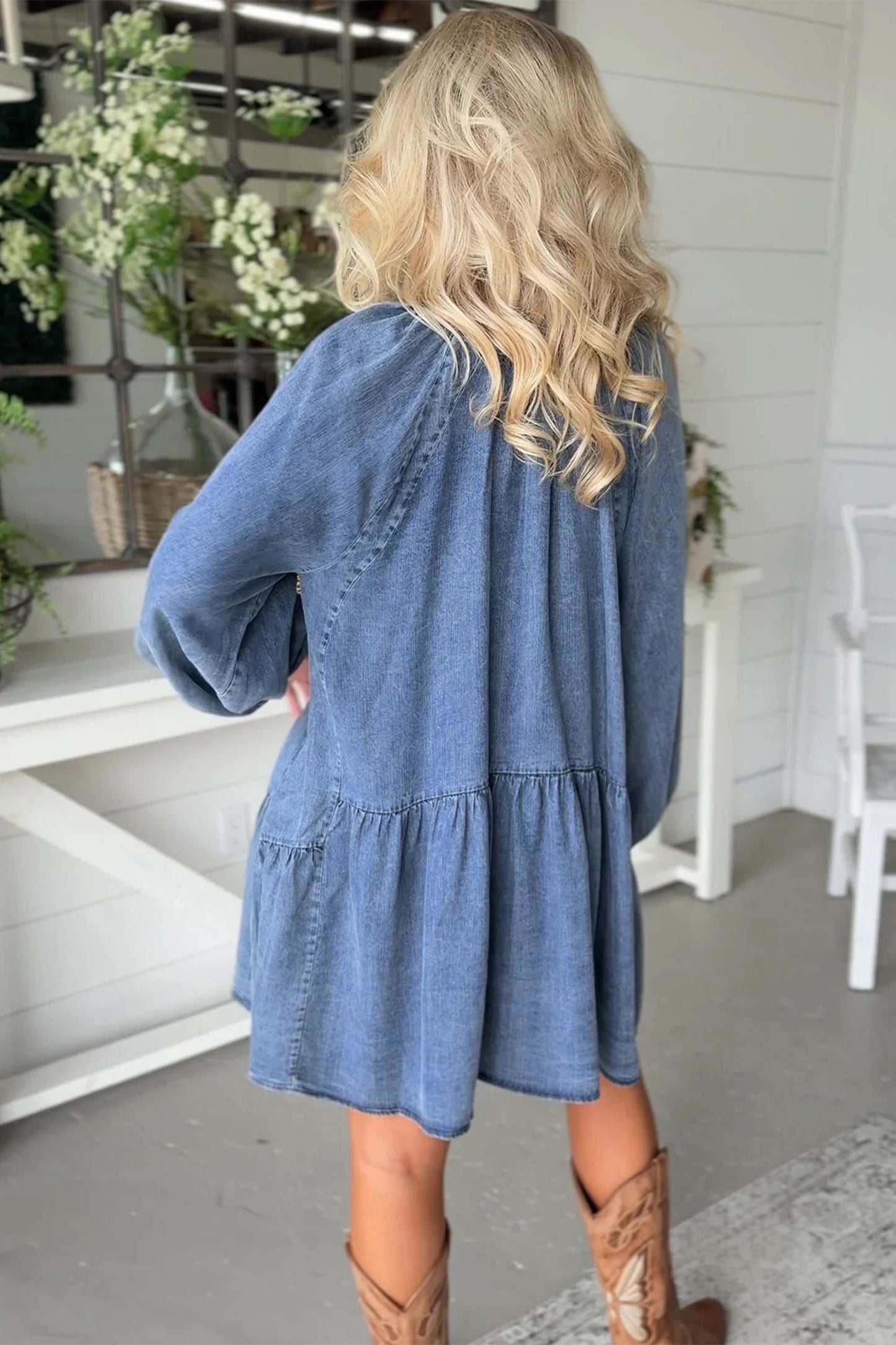 Myosotis Puff Sleeve V Neck Ruffled Loose Denim Mini Dress