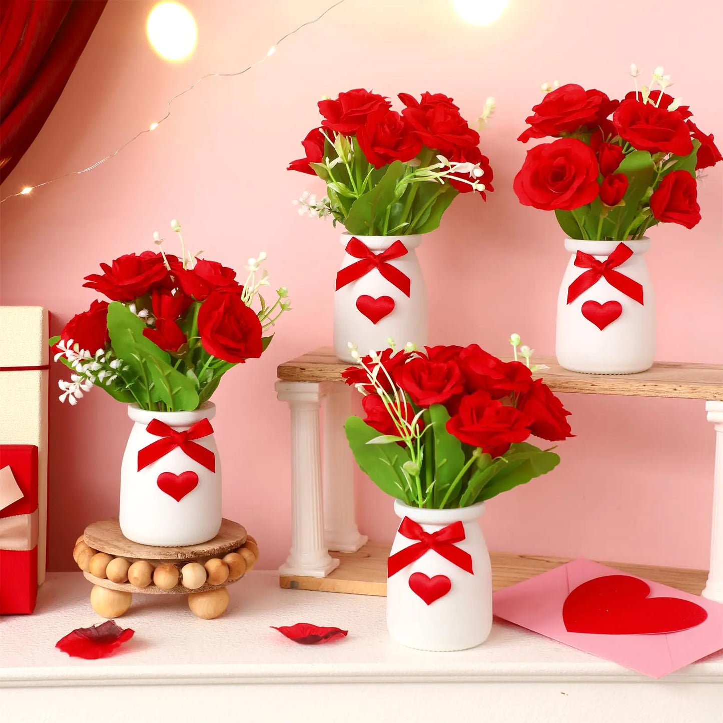 Nitial 4 Pcs Valentines Day Roses Vase Decor Valentines Day Tiered Tray Mini Floral Arrangement Valentines Day Tiered Tray Decor Mini Roses Vase Fake Floral Bunch Decorations for Party Supplies