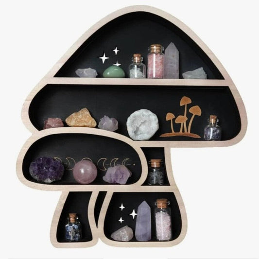 Adorable Mushroom - themed Decor. Wall - mounted Wooden Floating Mushroom Shelf. Ideal as a Crystal Display Shelf or a Rock Gem