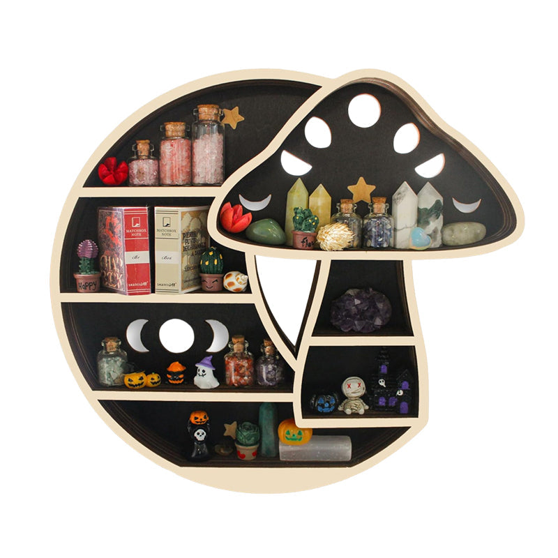 Adorable Mushroom - themed Decor. Wall - mounted Wooden Floating Mushroom Shelf. Ideal as a Crystal Display Shelf or a Rock Gem