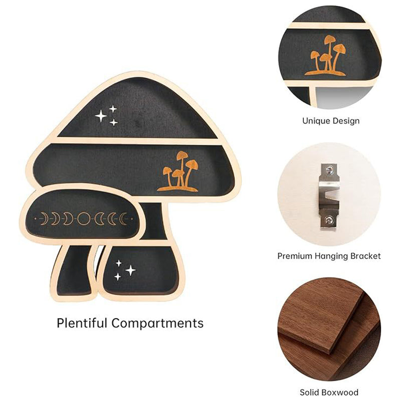 Adorable Mushroom - themed Decor. Wall - mounted Wooden Floating Mushroom Shelf. Ideal as a Crystal Display Shelf or a Rock Gem