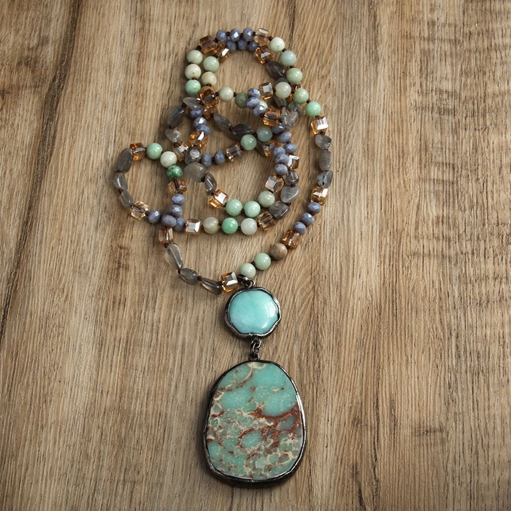 Fashion Bohemian Natural Stone Glass Knotted Necklace