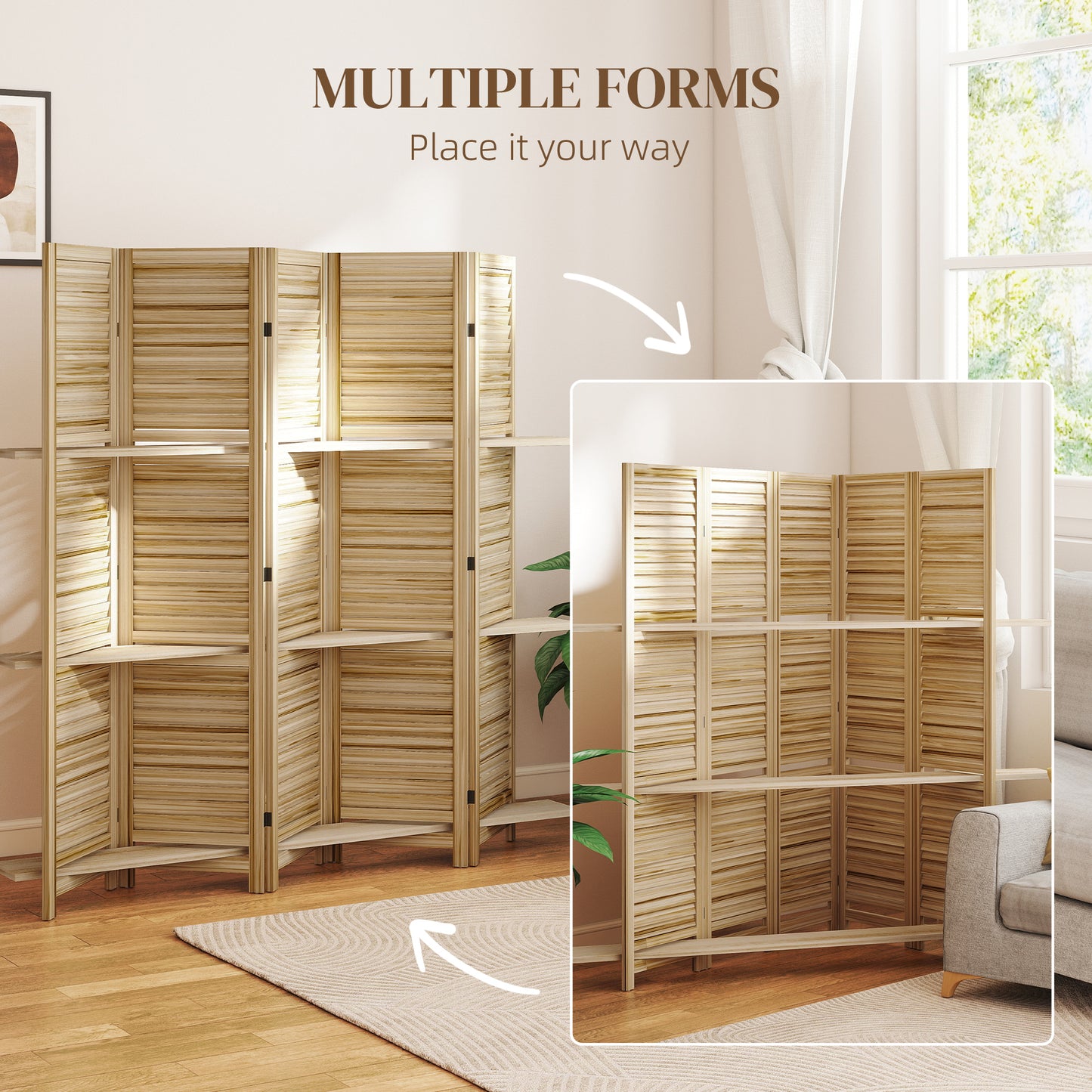 5 Panel 67" Tall Wood Privacy Screen Room Divider with 3 Shelves and Folding Storage for Bedroom, Natural Wood