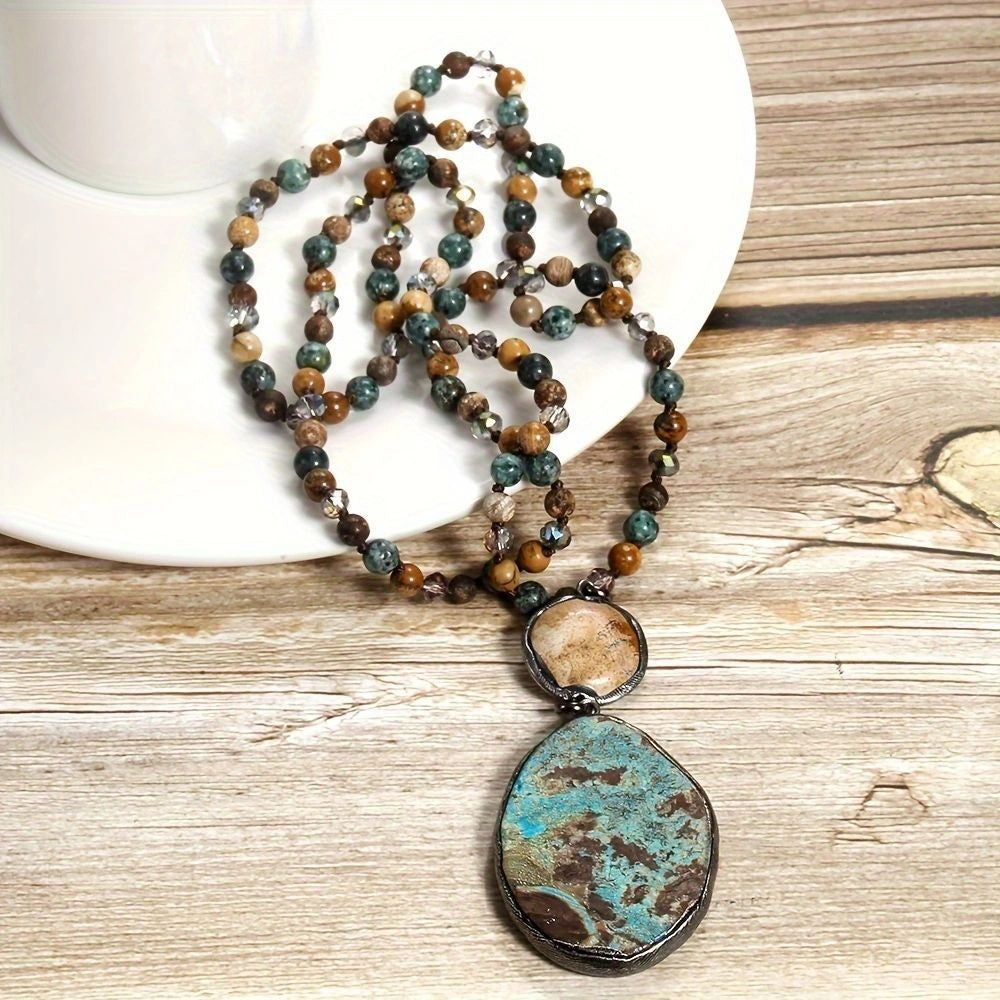 Fashion Bohemian Natural Stone Glass Knotted Necklace