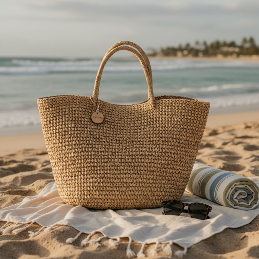 Clipa XXL Raffia Beach Tote Bag in coastal setting