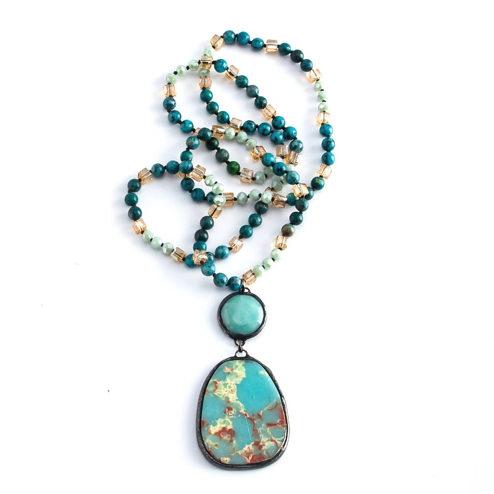 Fashion Bohemian Natural Stone Glass Knotted Necklace