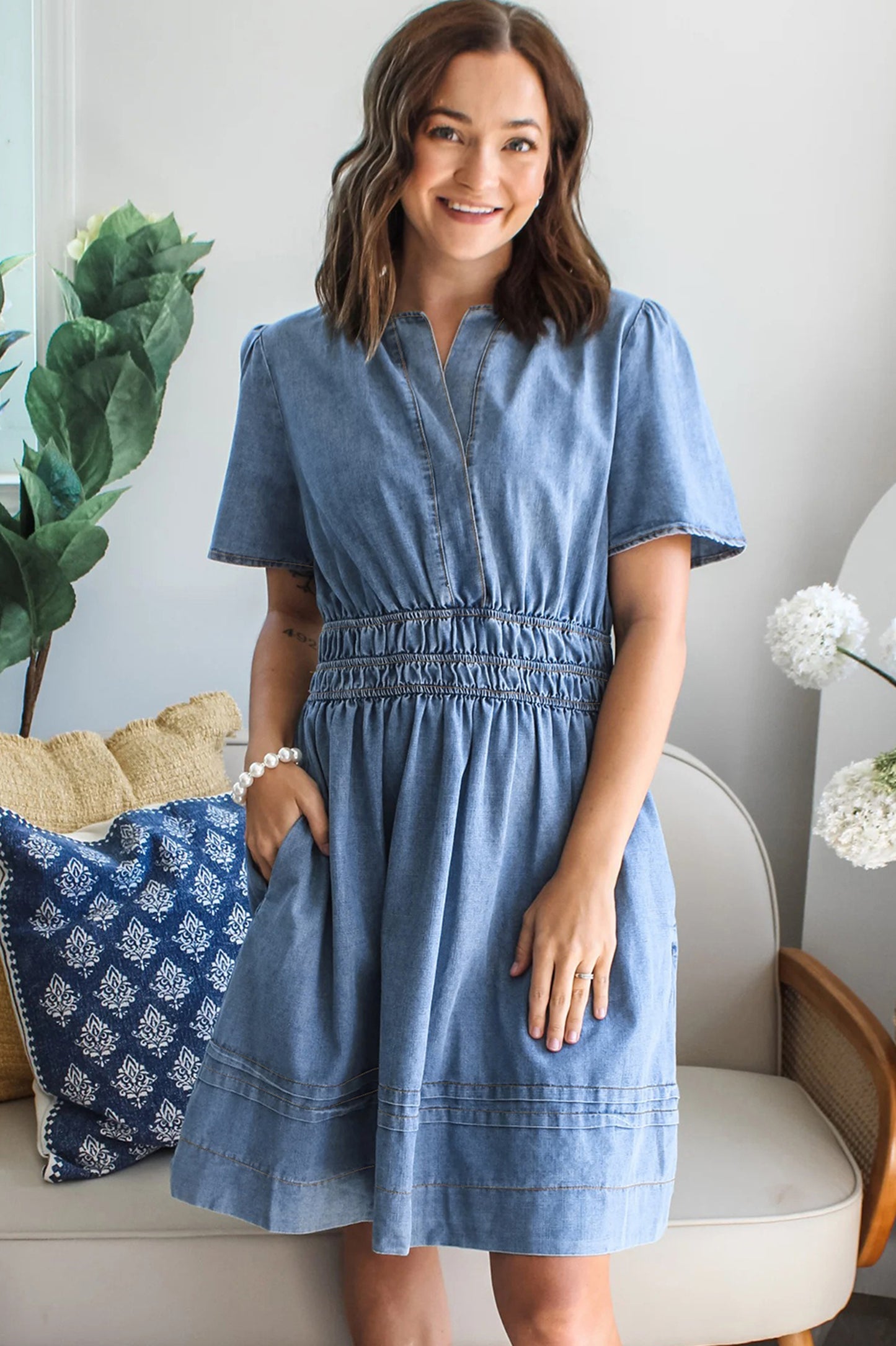 Myosotis Elastic Waist Short Sleeve Denim Mini Dress