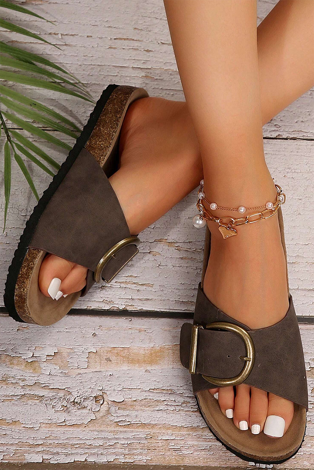 Coffee Buckle Faux Suede Thick Sole Sandal