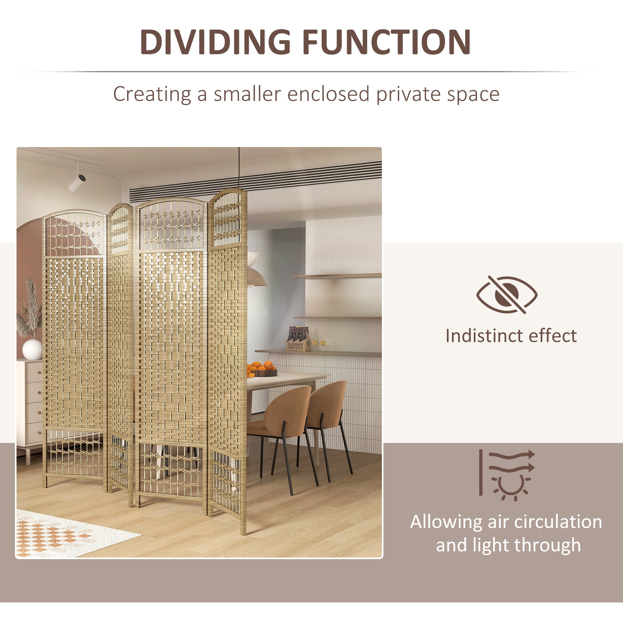 4 Panel Folding Room Divider Portable Privacy Screen Wave Fiber Room Partition for Home Office Natural